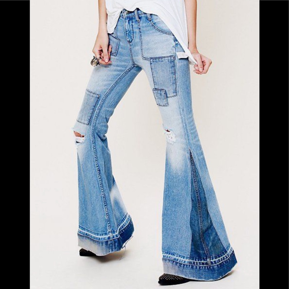 FREE PEOPLE FESTY SUPER FLARE PATCHWORK JEANS 30